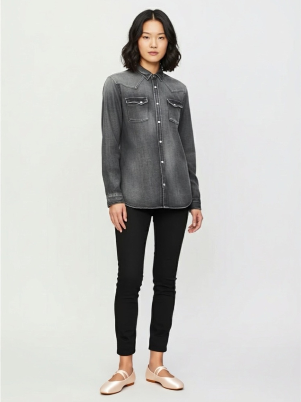 The Kooples Washed Grey Denim Button Up / Size XS / NWT /‎ MSRP $195